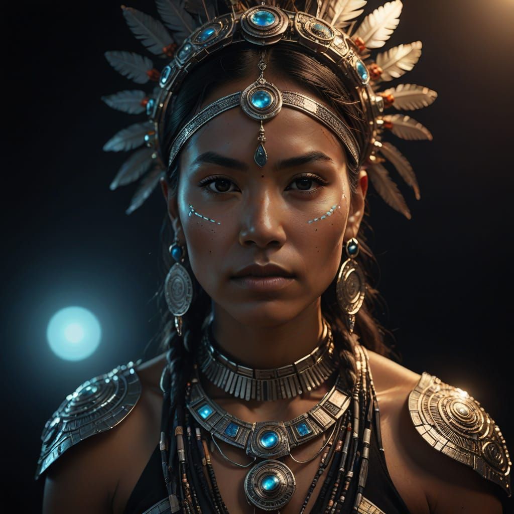 Hyperrealistic full body portrait of a beautiful indigenous woman adorned with intricate, futuristic jewelry. The jewelry gleams with embed...