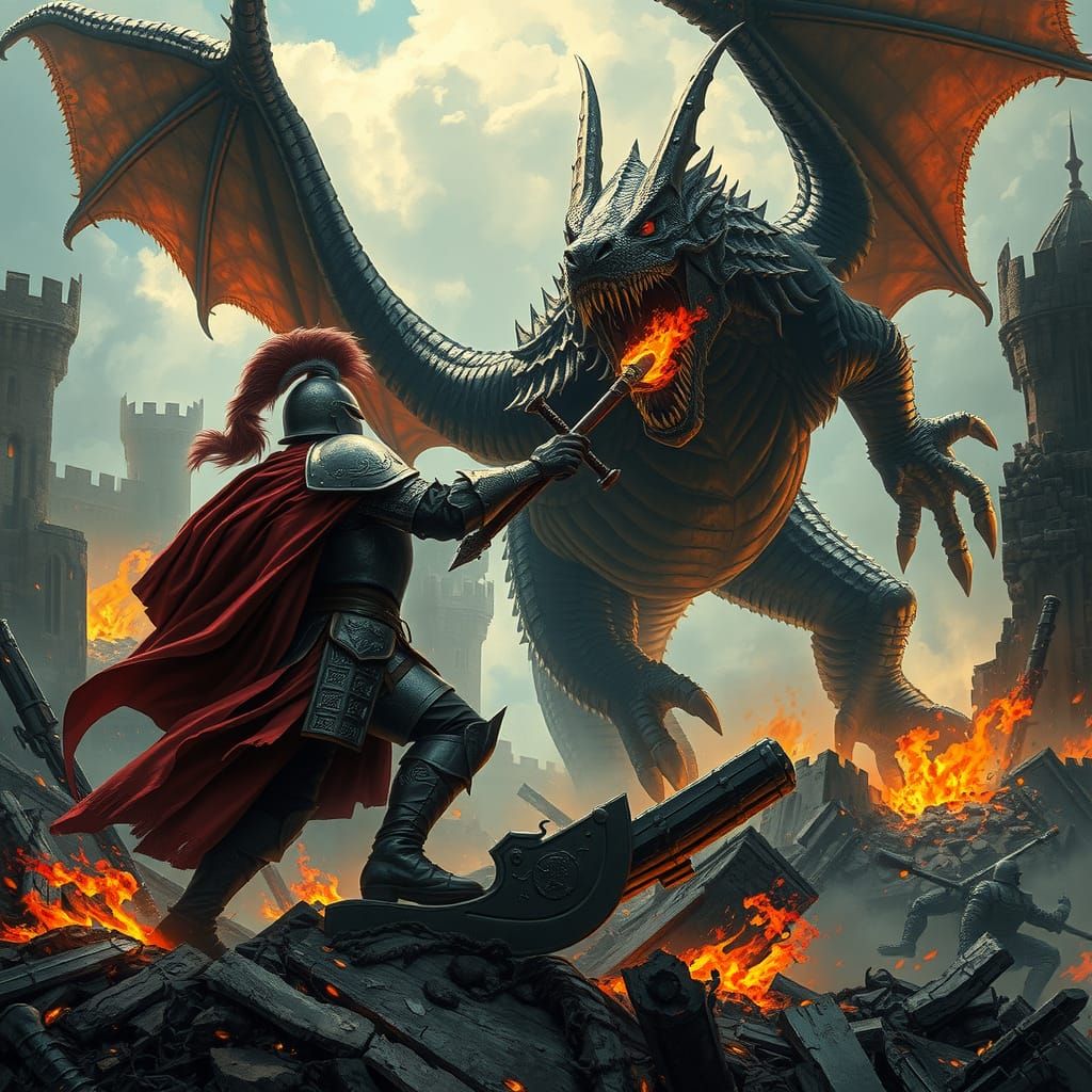 A knight fighting a dragon