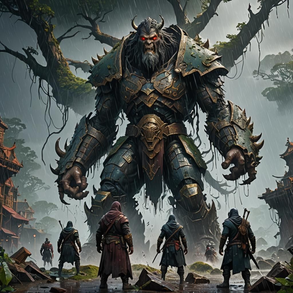 A huge giant, stands over the bodies of 3 adventurers, in he...