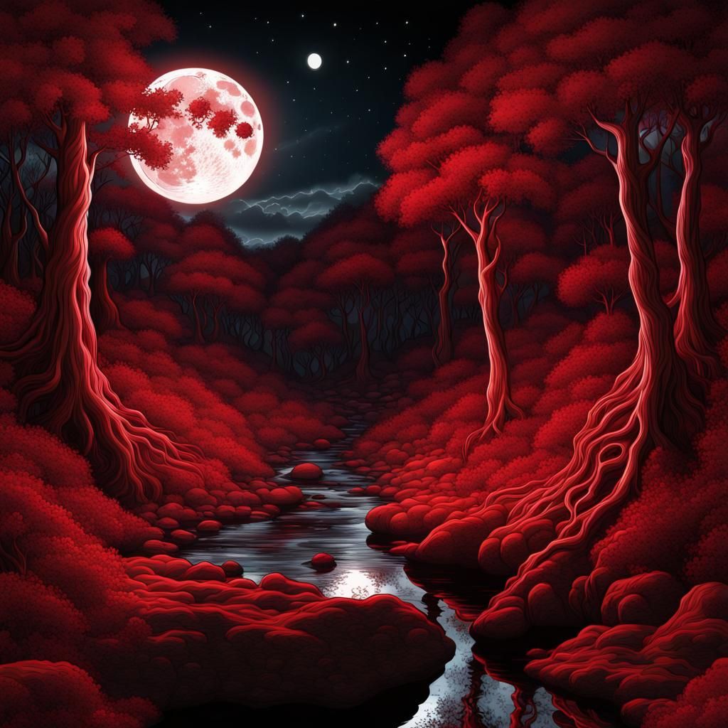 surreal dark red forest on a red dark night - AI Generated Artwork ...