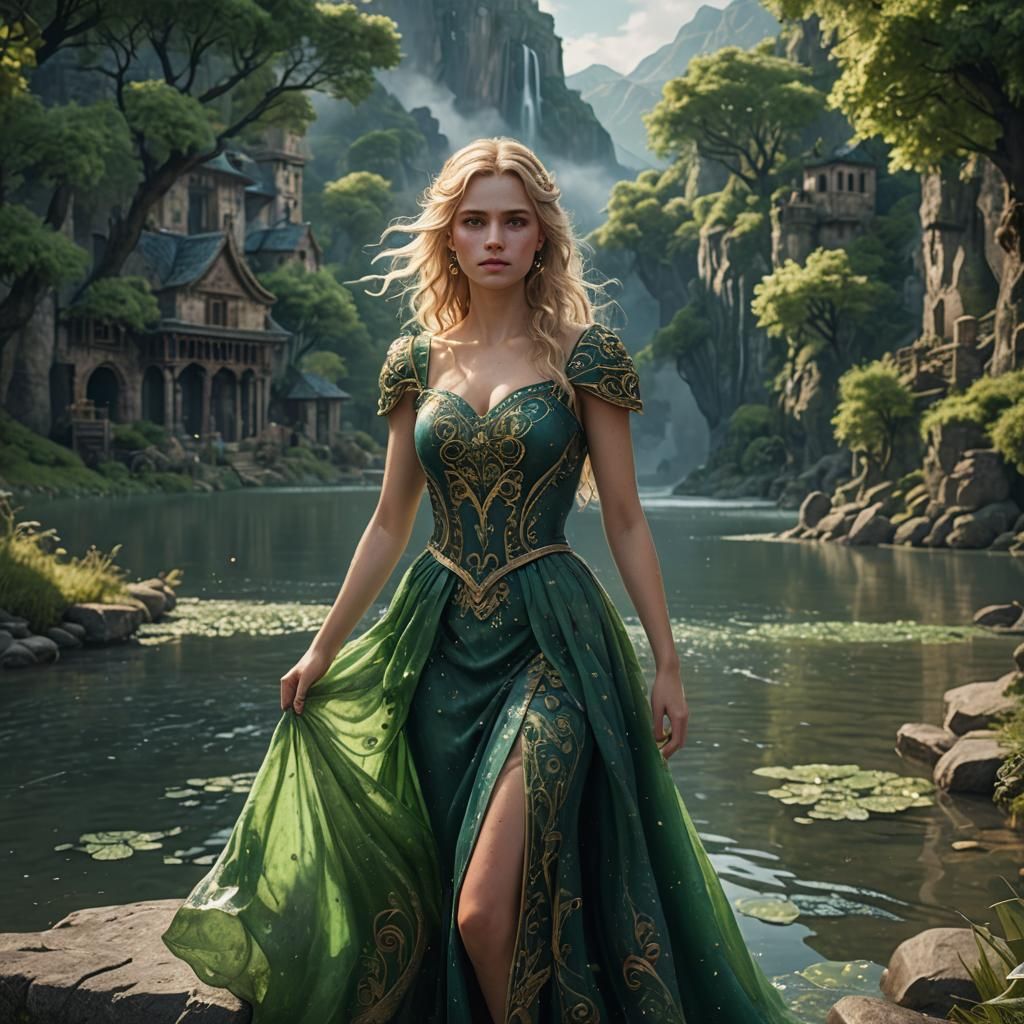 Una chica hermosa rubia ojos verdes vestido largo azul sobre un río - AI  Generated Artwork - NightCafe Creator