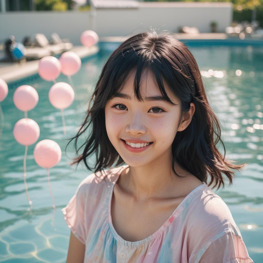Dreamy Manga Girl by the Pool in Pastel Colors