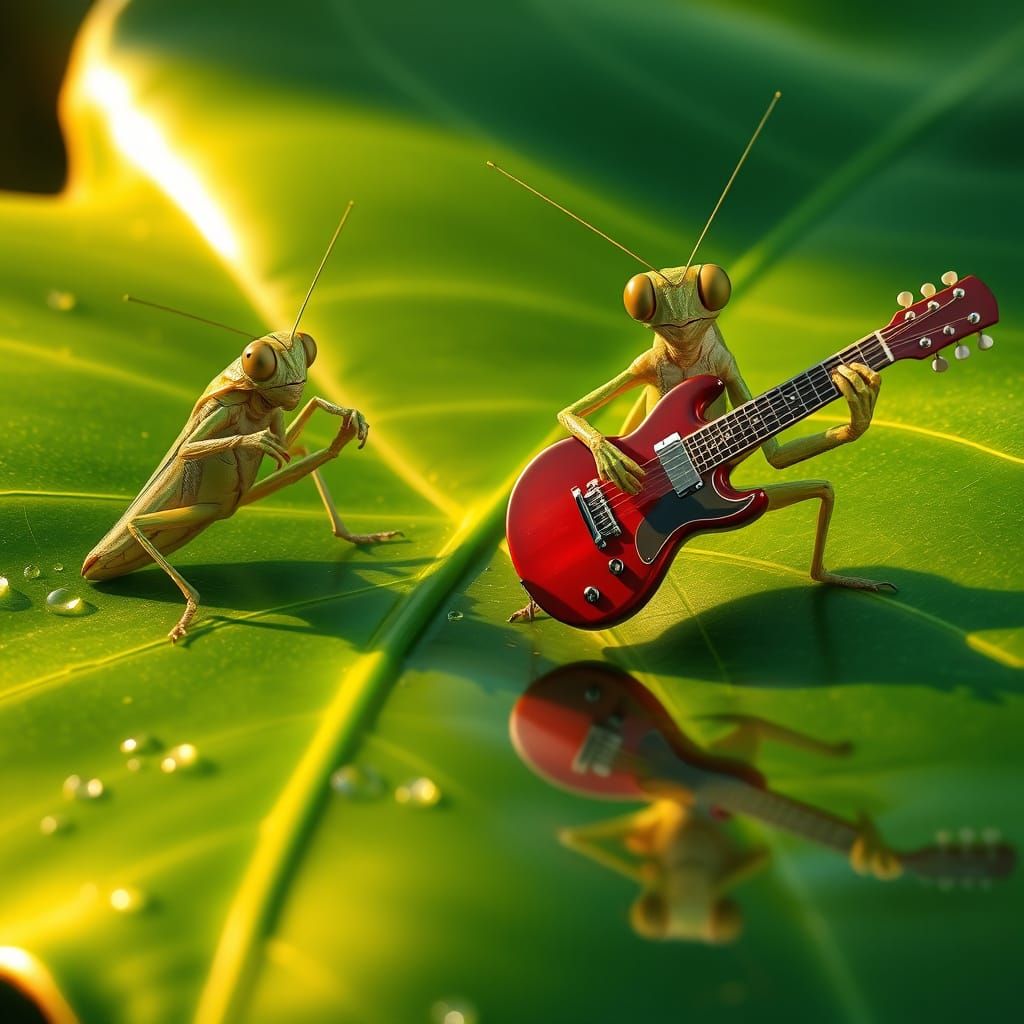 Grasshoppers on Taro Leaf in Morning Light
