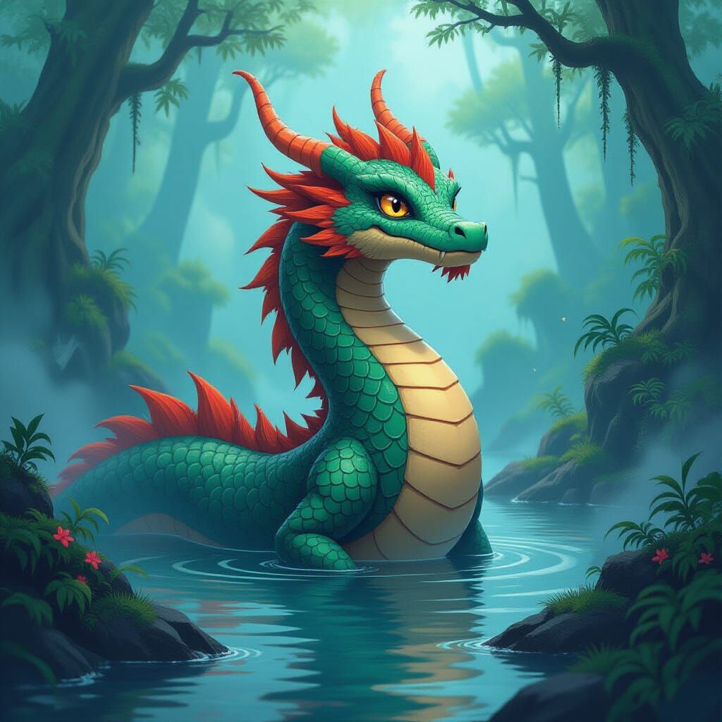 Sisu Water Dragon in Misty Forest, Miyazaki Style