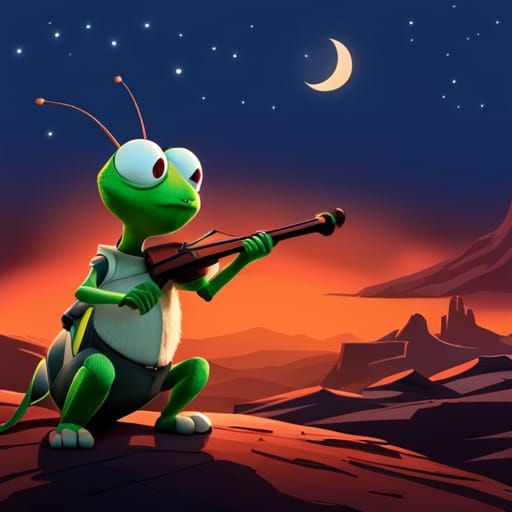 6-legged Jimminy Cricket plays fiddle; in the style by Pixar...