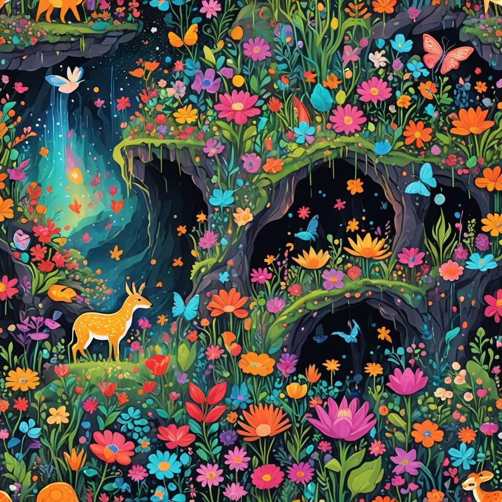 Binary code dream colourful vibrant animals cave mystic flow...