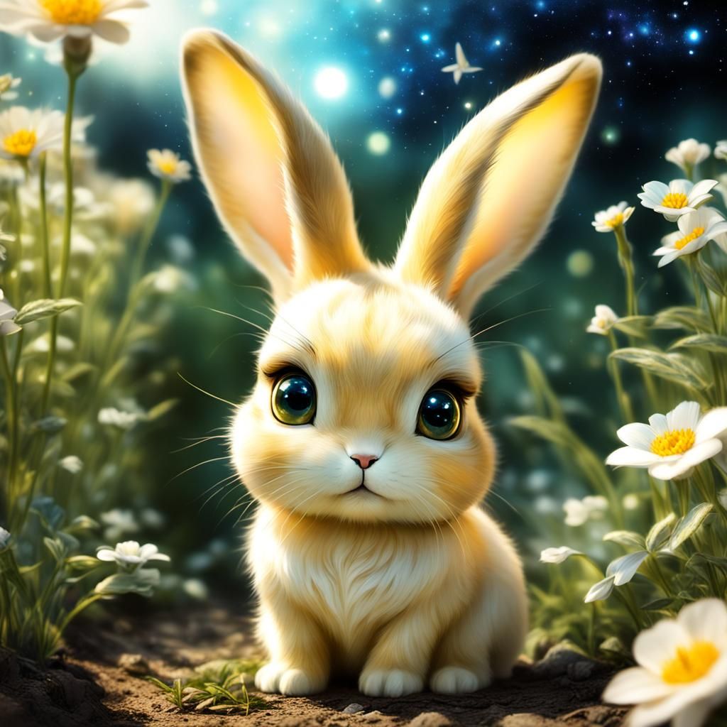 Cute adorable baby chibi GOLDEN RABBIT with big huge galaxy eyes in a ...