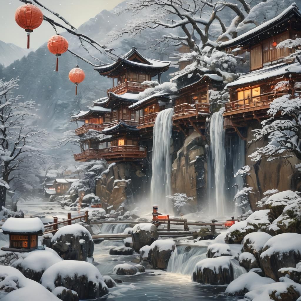 Icy Waterfall in Japanese Village: Ukiyo-e Style