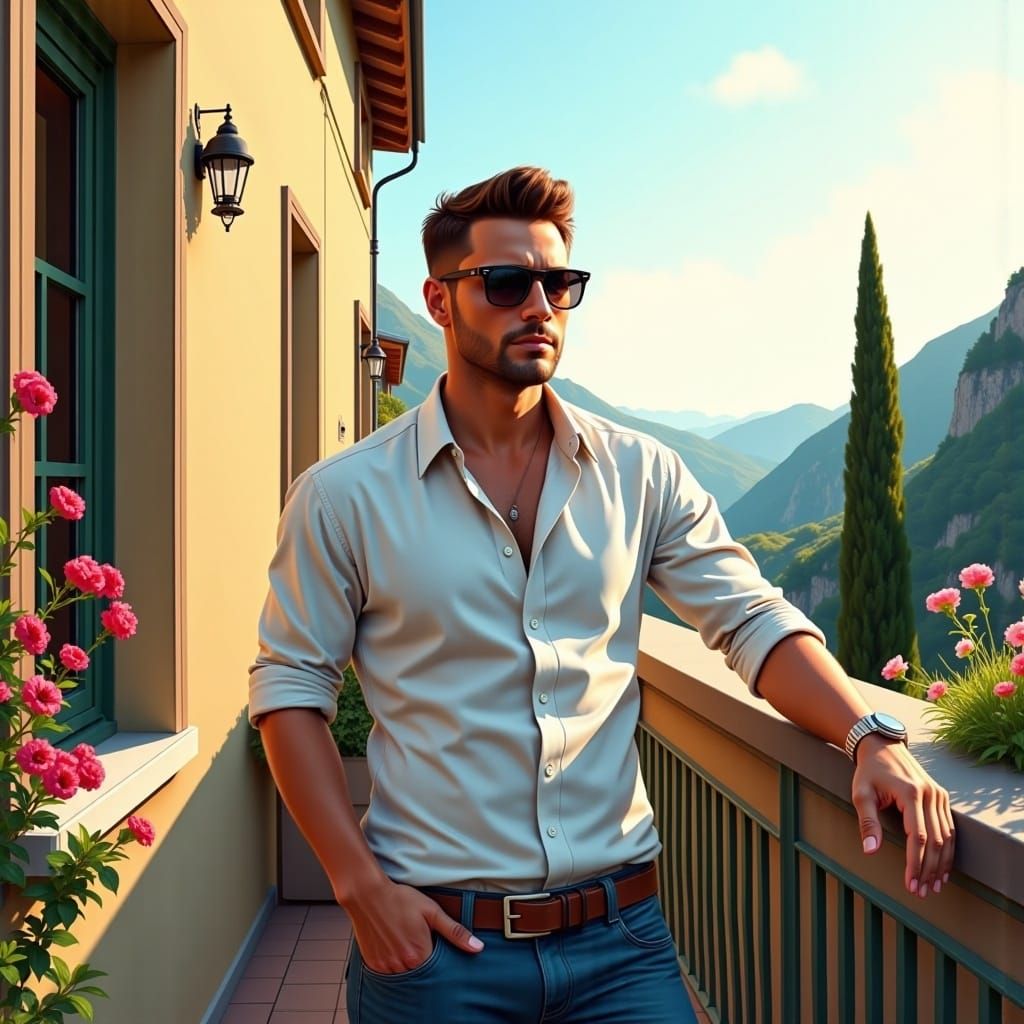<lora:Realistic Digital:1.0>  A man in a stylish button up and jeans, sunglasses, soft sunlight filtering, balcony in Italy paradise, digita...