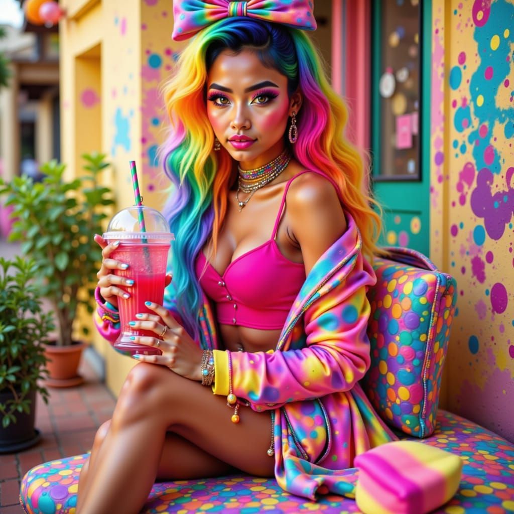 Polka dots checks and stripes-yikes!
Asian with rainbow hair  Cute quirky gamer girl twenty something in an outfit with polka dots, checker ...