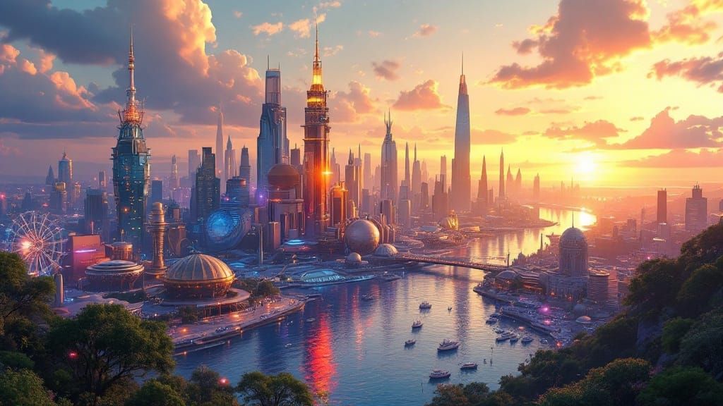 Cosmic Cityscape: Futuristic Metropolis in Golden Hour