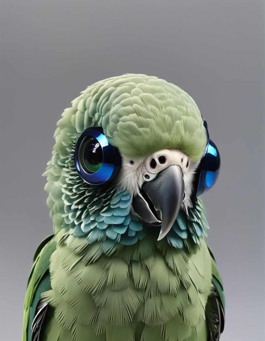 Cyborg Pet, pale green parakeet. camera eye with sapphire le...