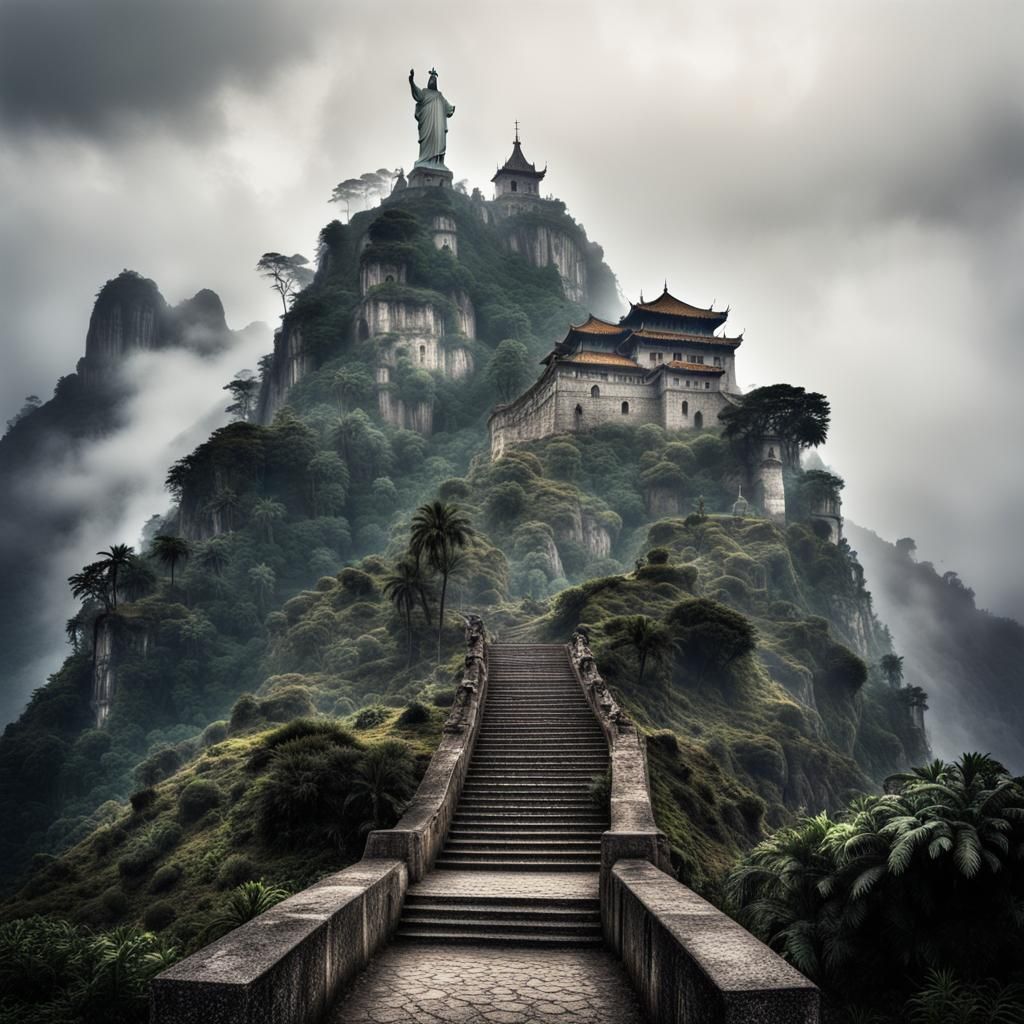 chemin très etroit qui monte dans la montagne avec  de nombreux virages avec brume dans lointain et pagode ...  by @Paulo isidoro