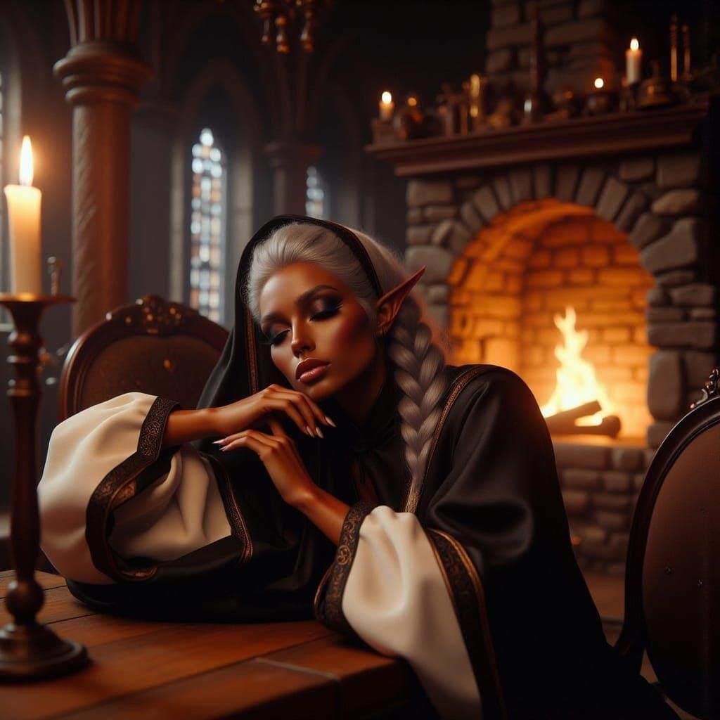 <lora:Drow Flux:1.0> A fantasy illustration of a brown-skinned elf woman with silver braids, dressed in traditional black and white maid clo...