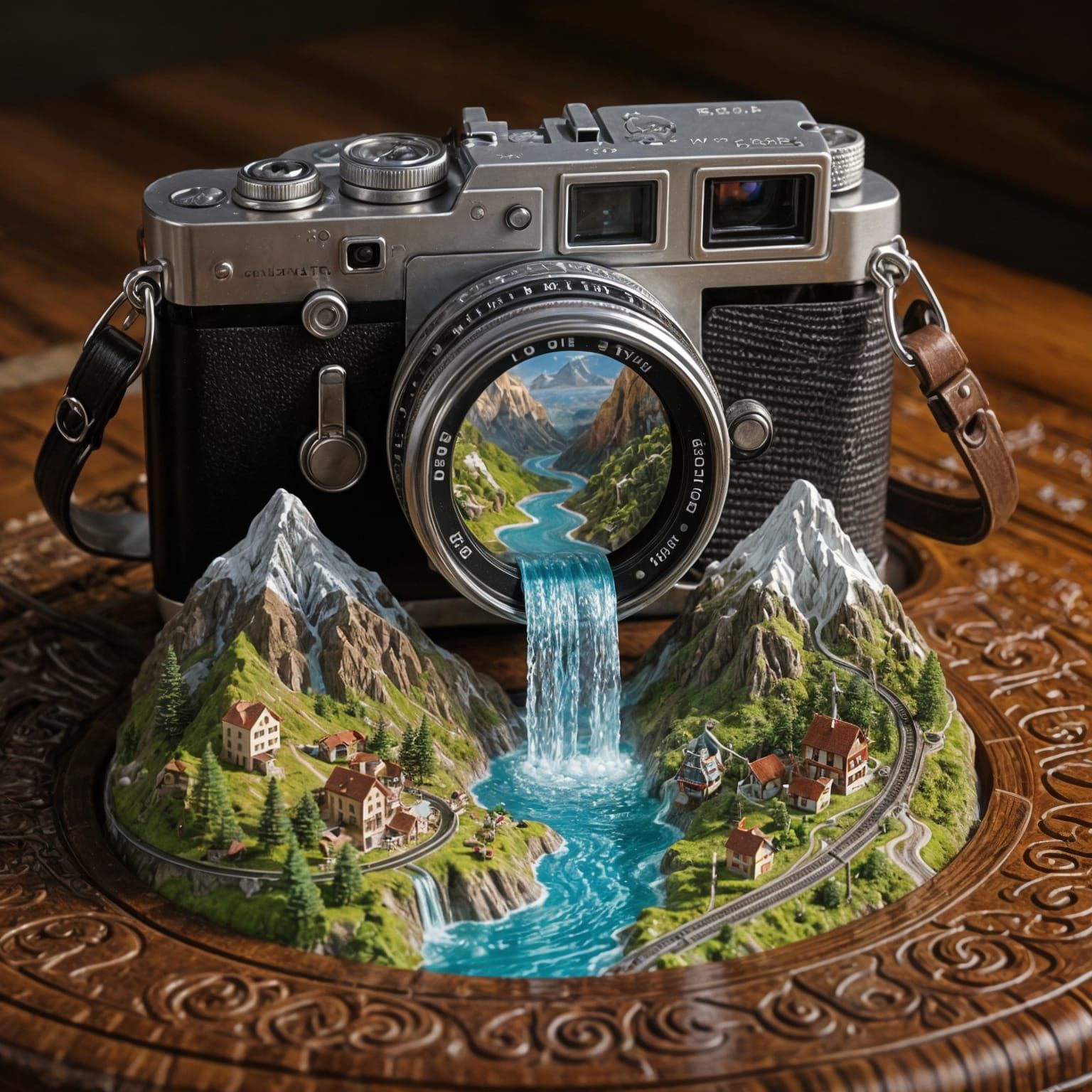 Miniature World Inside Camera with Waterfall