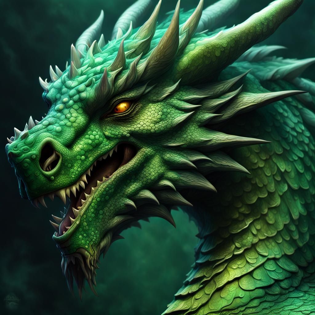 Epic D&D green dragon, close-up head, iridescent green scales, thick ...