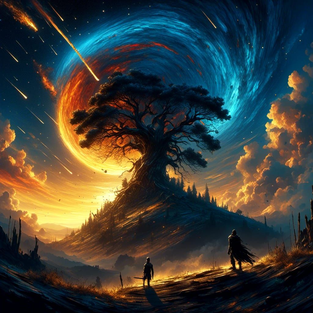 <lora:Comet-Fall:1.1> giant tree on top of a hill, warrior silhouette walking towards the tree; giant firey meteor in the sky, deep blue epi...