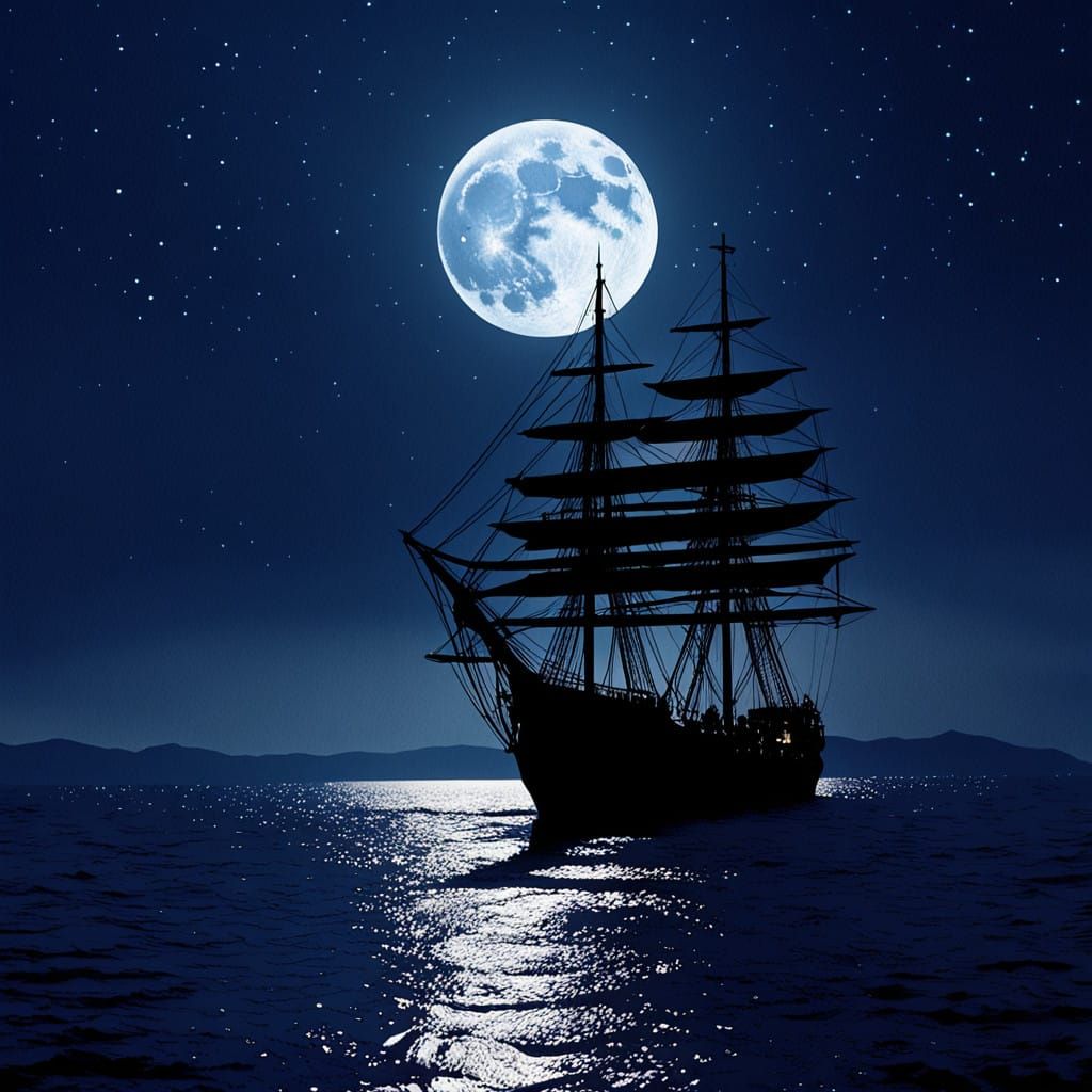 A sailing ship in calm seas on a beautiful starry night with a waning moon Cinematic film still, shot ...  by @Billy