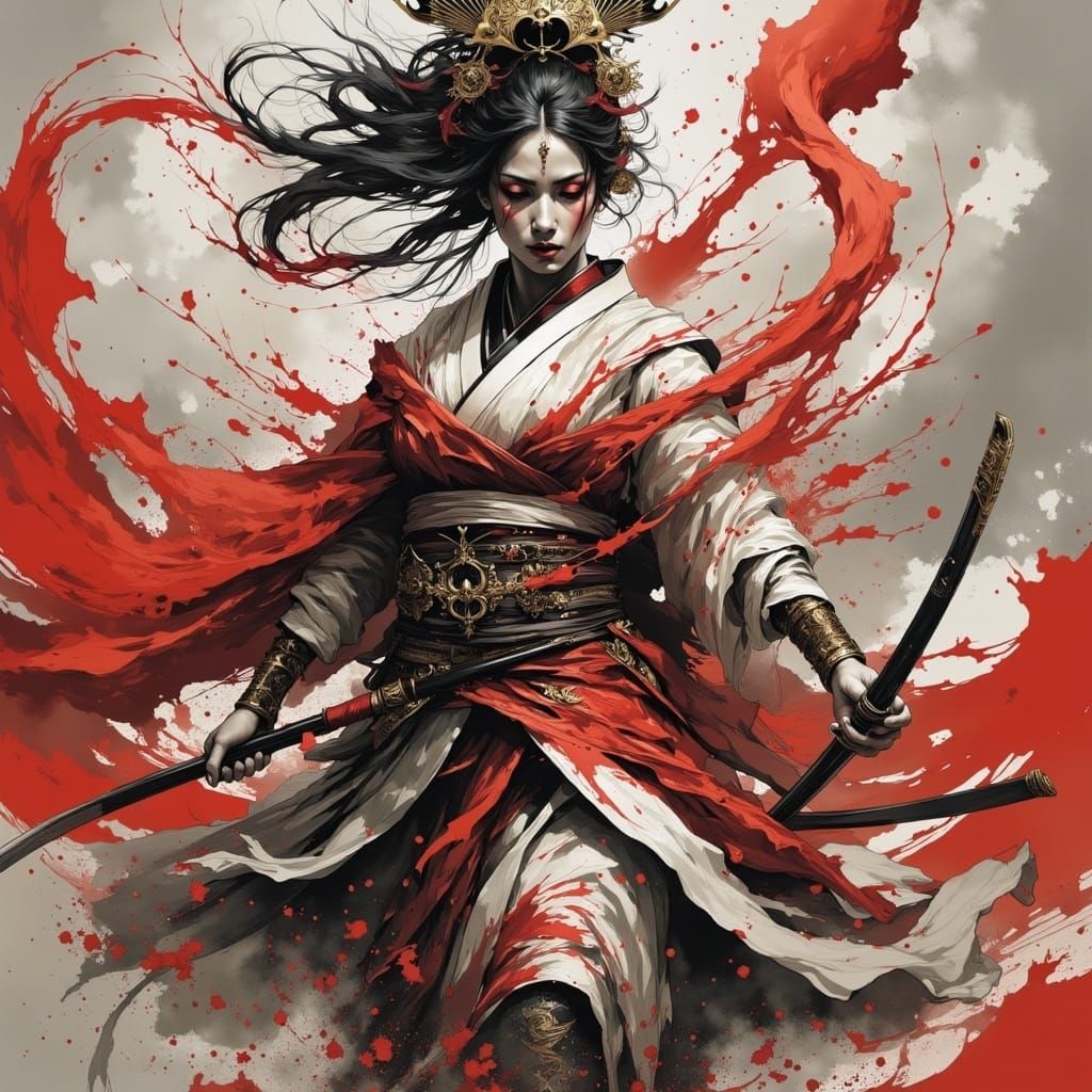 <lora:FluxInky:1.0> dynamic geisha warrior