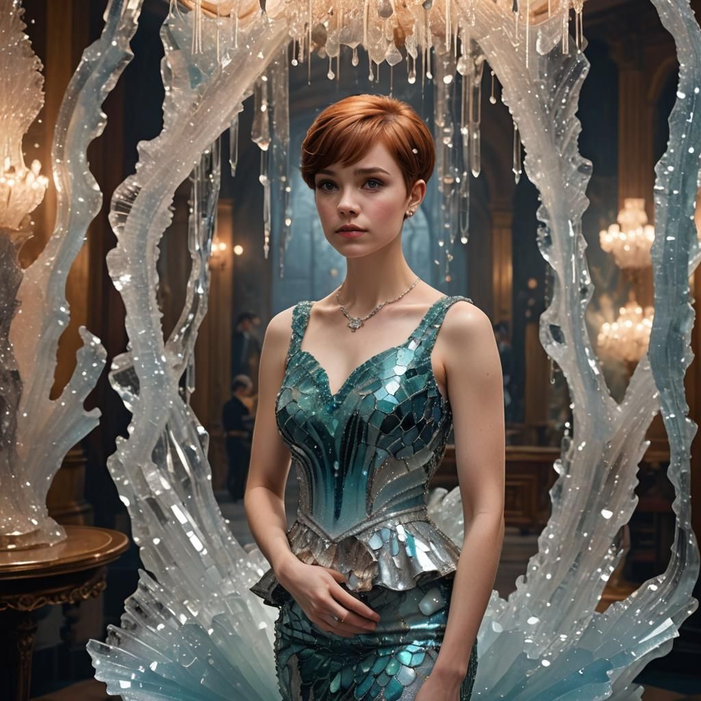 She wears a long sleeveless square neckline with an empire w...