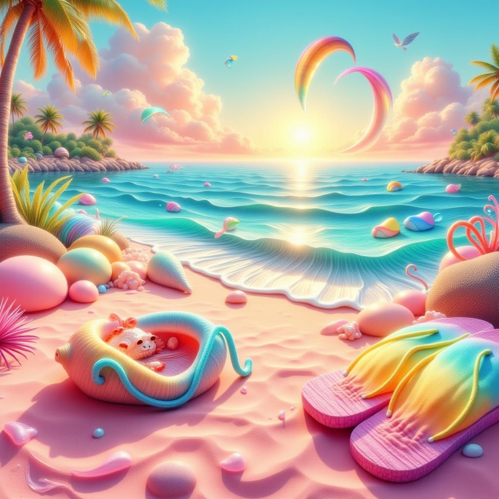 <lora:Water and Colour:1.0>Pink sands beach scene, pastel rainbow colored flip flops lying at the shore. A hermit crab cozy nestled in a col...