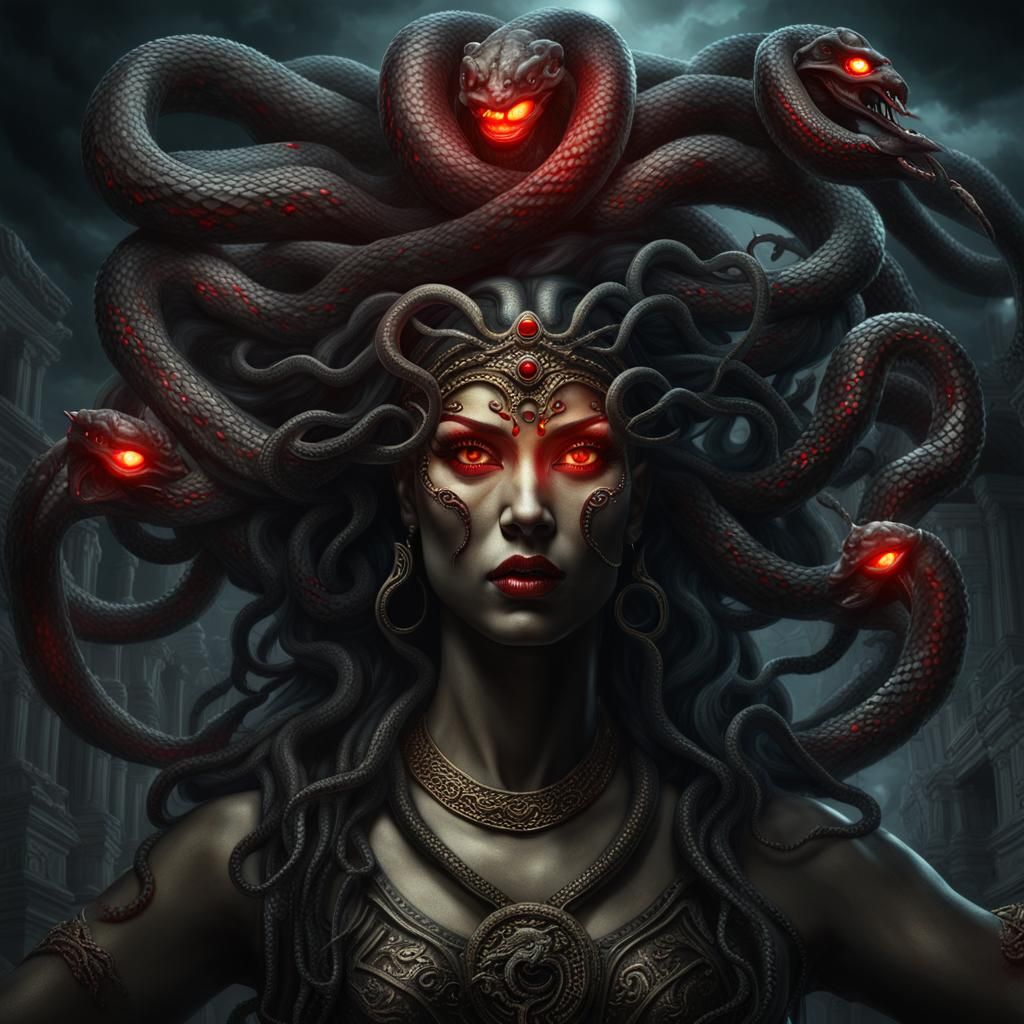 Photorealistic portrait of a majestic evil medusa goddess. - AI ...