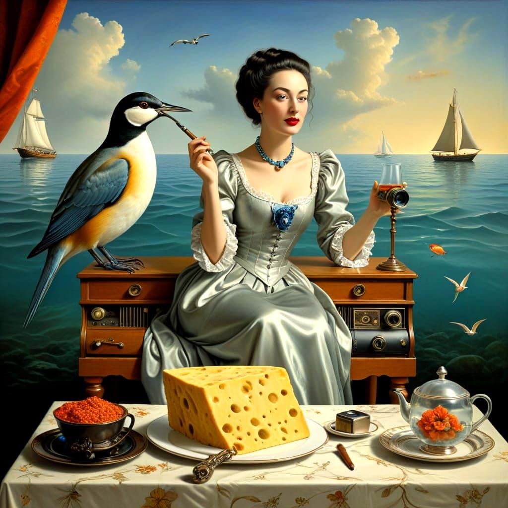 Happy Lady in Surreal Seascape with Whimsical Antiques