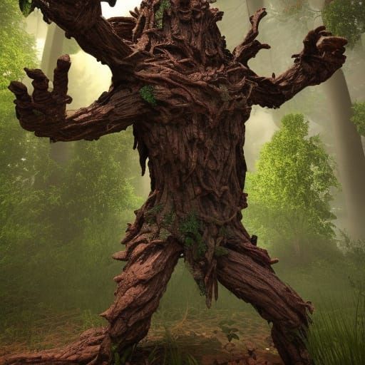 An ancient monster with 4 arms and is made of wood and is covered in ...