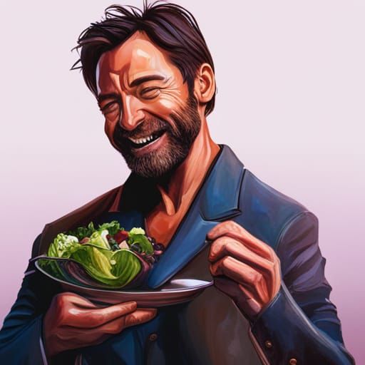 Hugh Jackman laughing eating salad