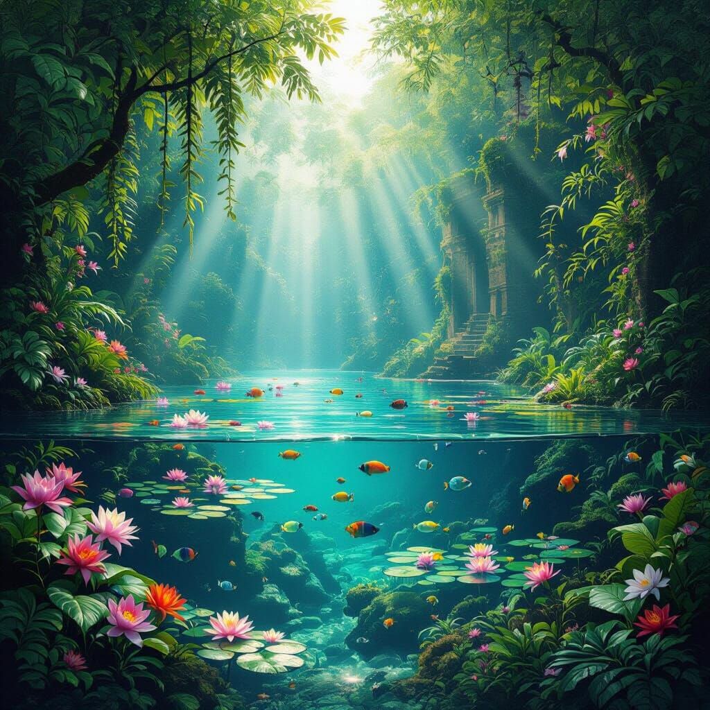 Underwater Jungle Ecosystem in Mirrored Lake