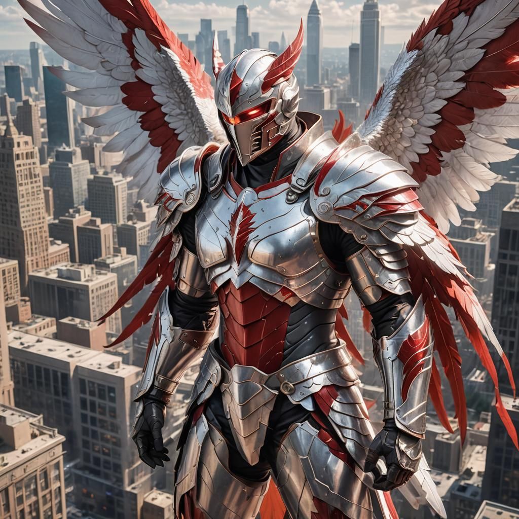 A winged warrior stands tall, his silver armor gleaming agai...