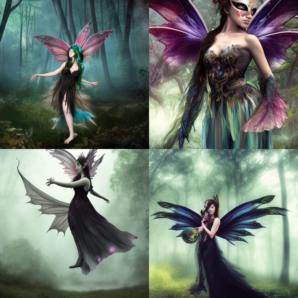 Photorealistic fairy with a beautiful mask dancing in the fo...