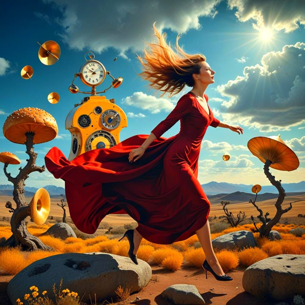 Dynamic Portrait of a Woman in Surreal Setting