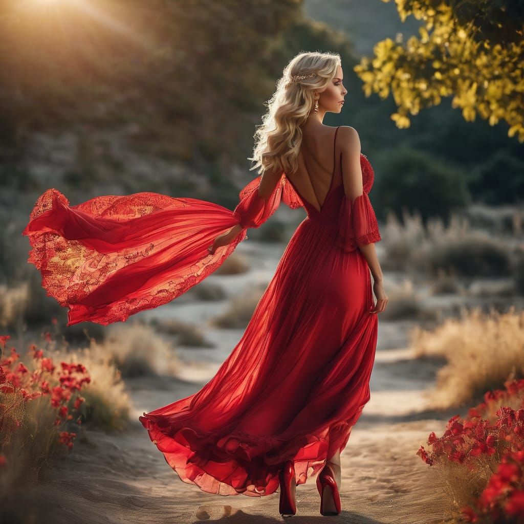 A beautiful blonde haired Hispanic woman wearing a long flowing red dress and matching heels
