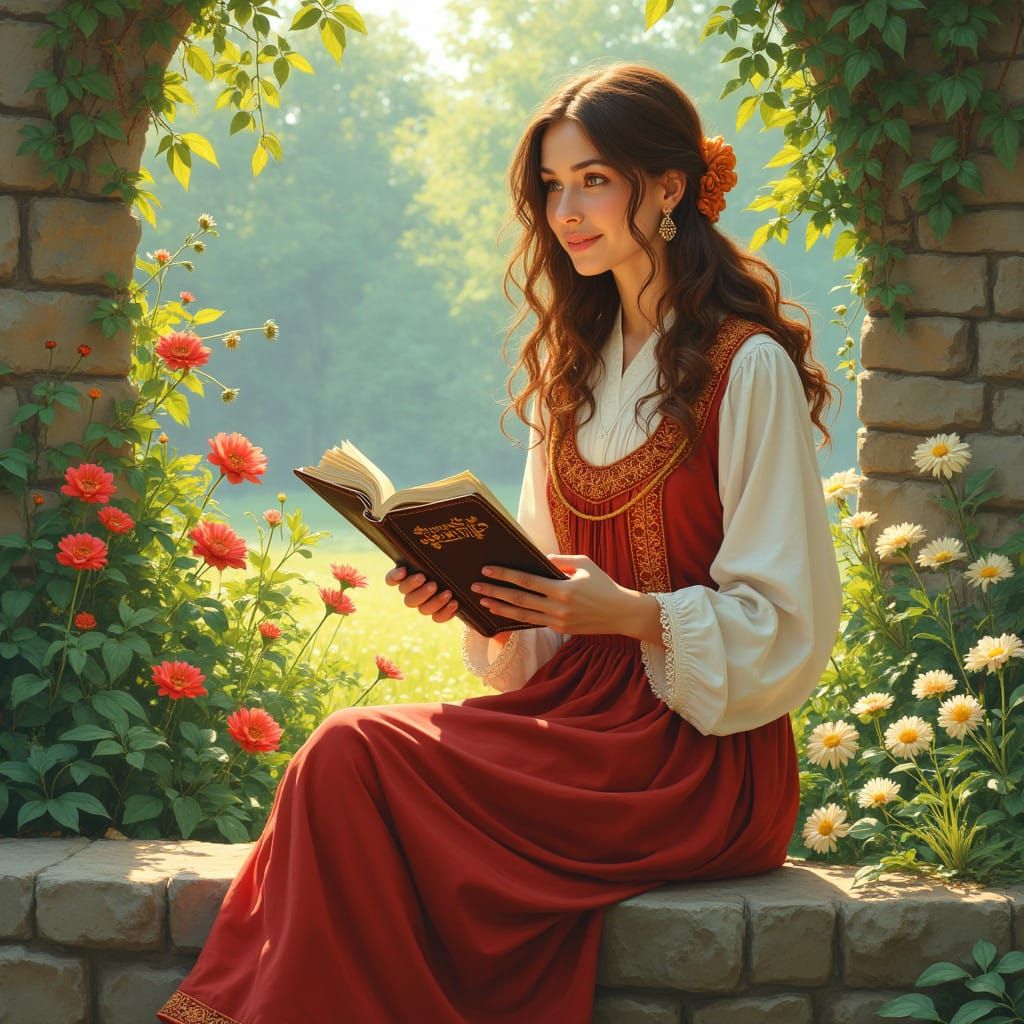 Woman in Israeli Outfit, Serene Garden, Contemplative Mood