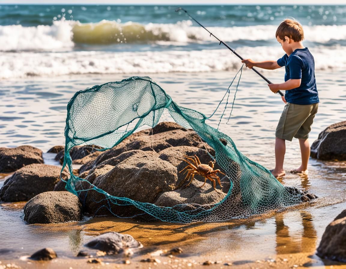 A small boy with a toy fishing net looking for crabs, in a small rock pool  on the beach, as waves crash over the rocks and splashing him, wa - AI  Generated