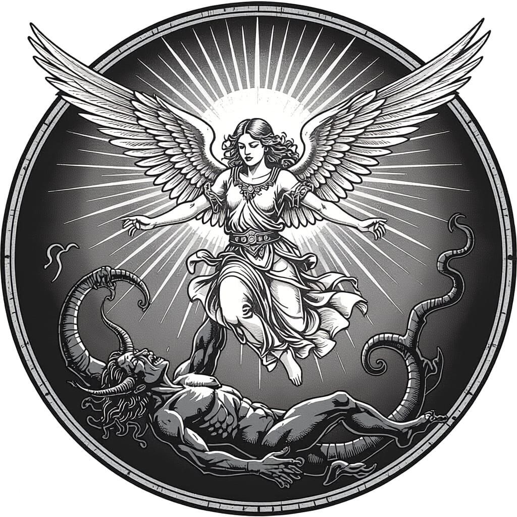 create a linear style tattoo roughly in a circle shape of an angel fighting a demon while mid-flight. the angel should be above the demon an...