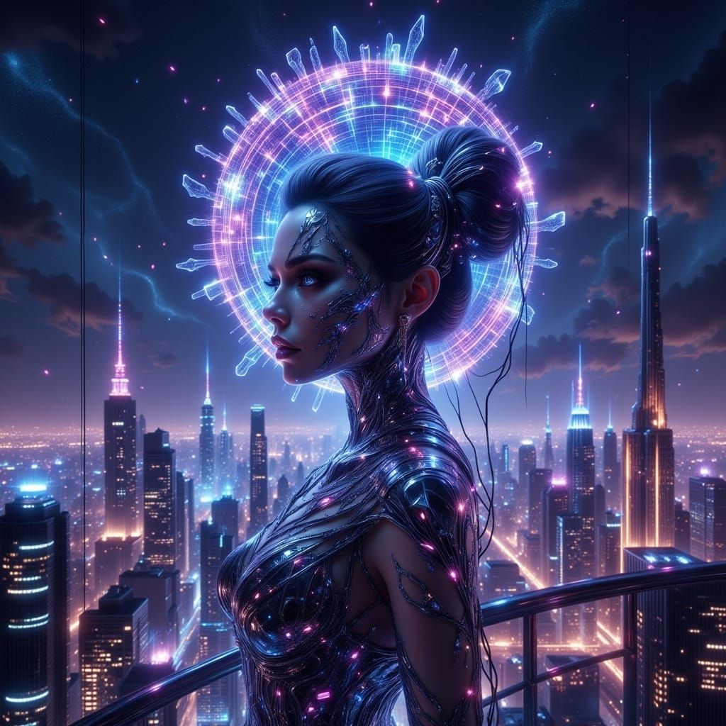 A futuristic queen with cybernetic enhancements, her regal attire composed of interwoven fiber optics and polished chrome. Her crown is a mi... - Start Image 1