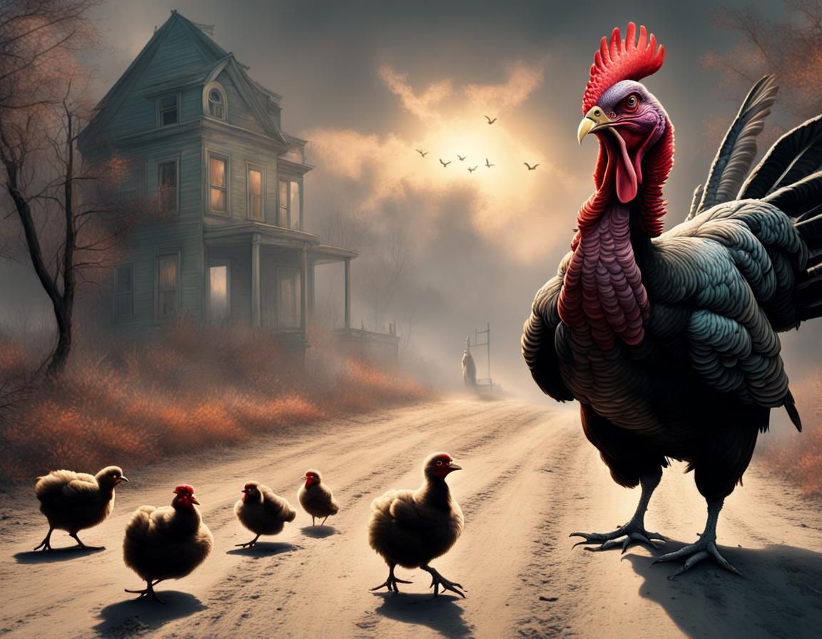 An Evil Turkey is Chasing Little Chicken, Steven Belledin digital art
