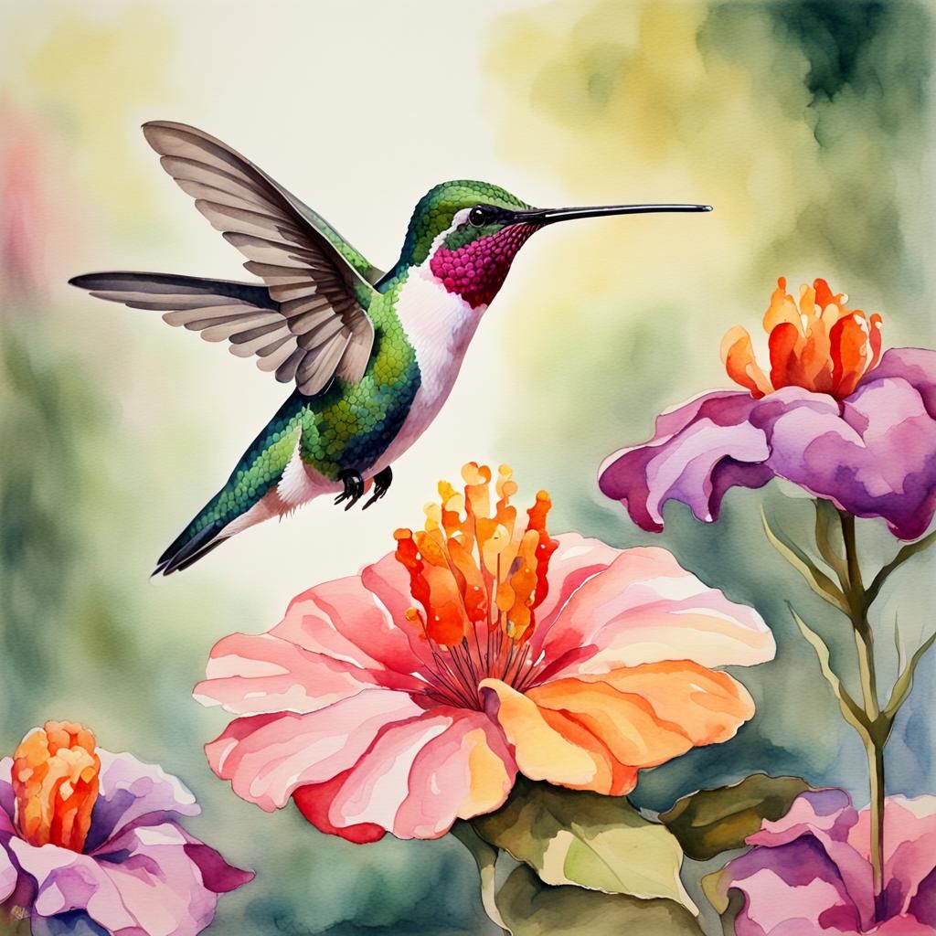 A watercolor painting of a hummingbird feeding at a flower, multi ...