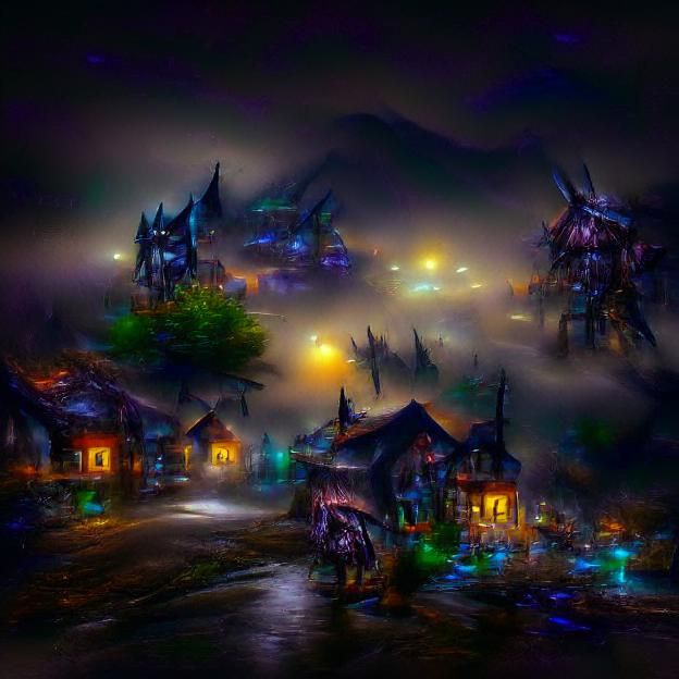 Dark fantasy town at night with fog 8k resolution artwork