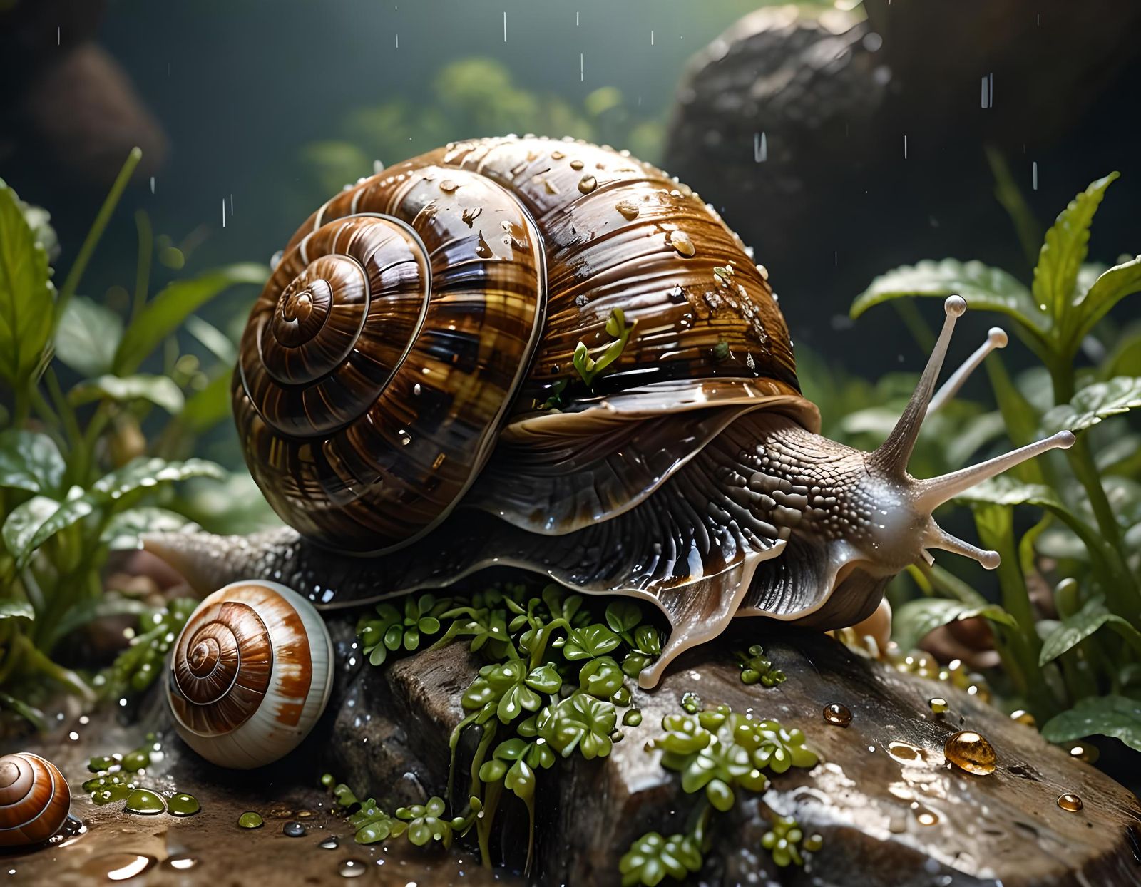 A beautiful snail in the rain.