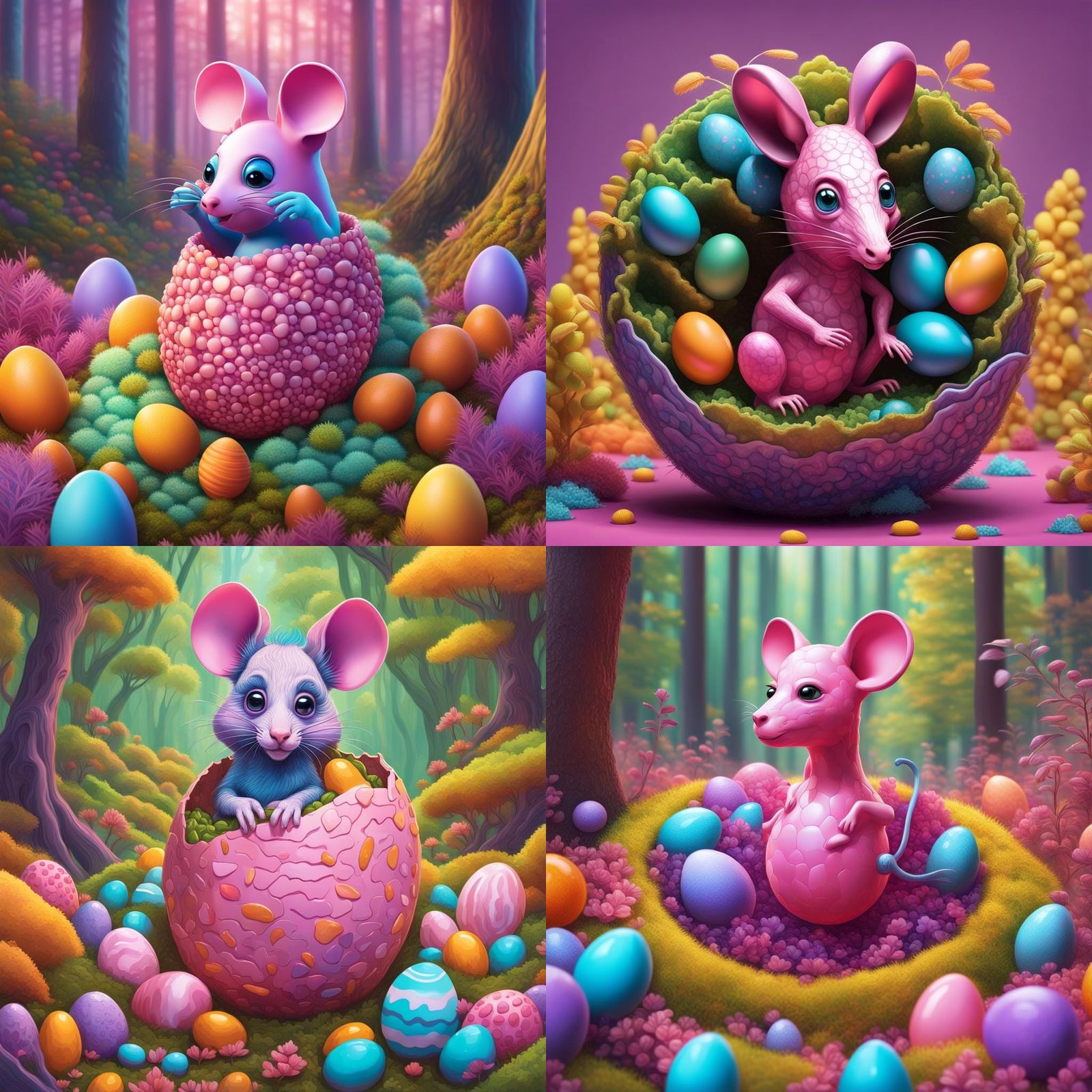 A pink and blue mouse hatching out of a egg in a purple lett...