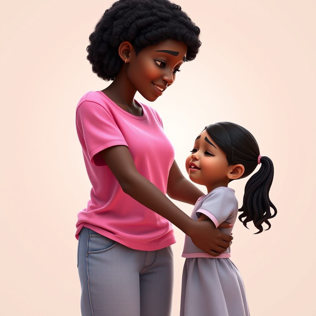 Mother Comforts Daughter: Pixar-Style 3D Digital Art