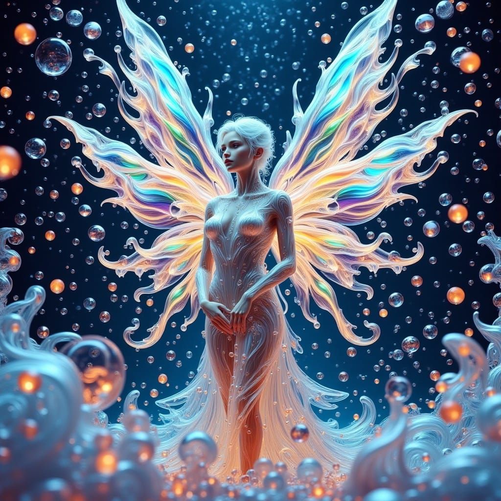 <lora:Magical Water Flux:1.0> full body view, a stunningly beautiful and whimsical iridescent neon fairy with shiny iridescent neon wings, p...