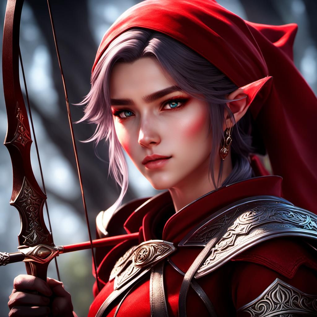 An Elf Female Ranger dressed in Red draws his bow towards the viewer ...