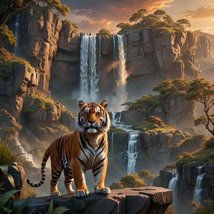 Realistic majestic tiger standing on a ledge that overlooks a valley ...