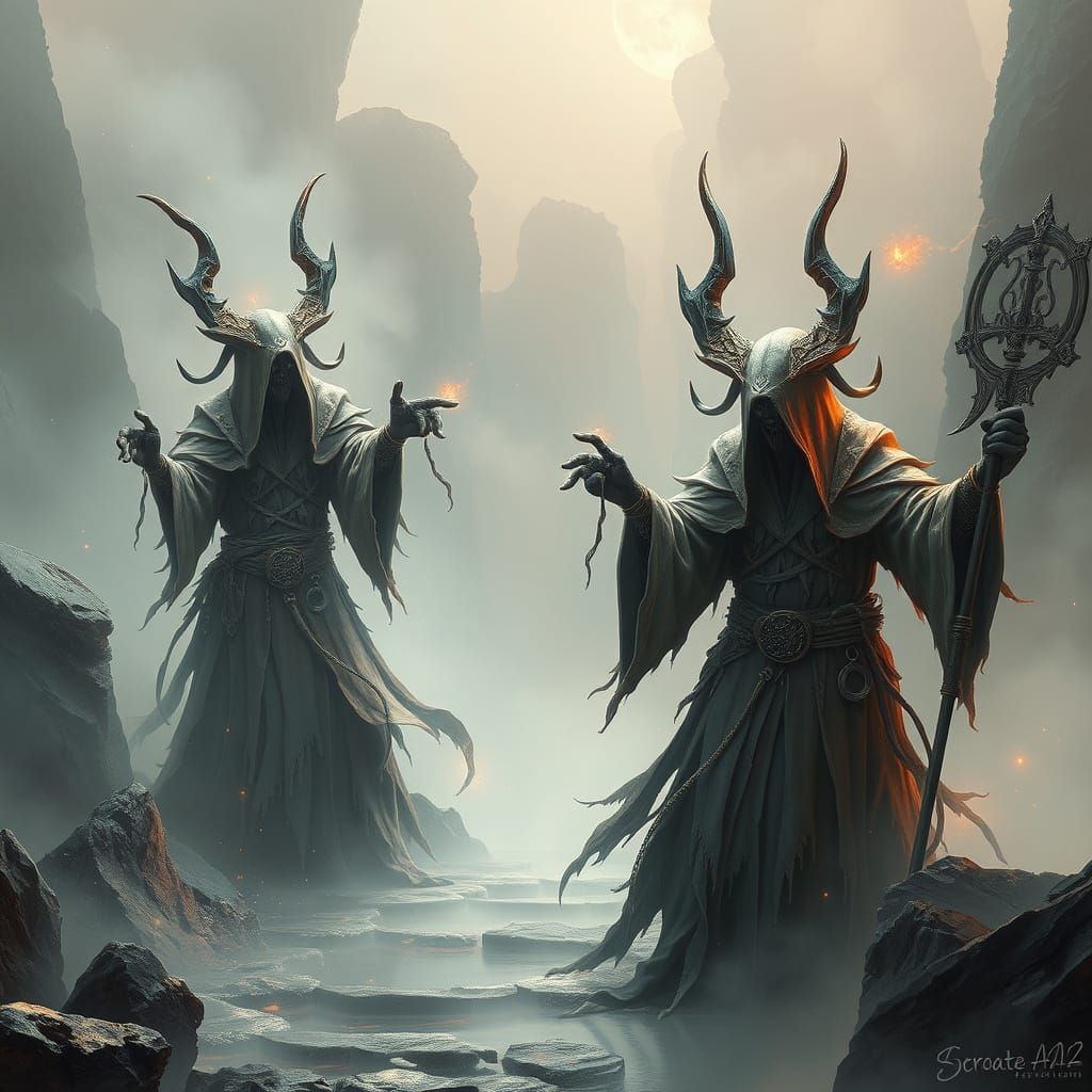 Surreal Fantasy Cultists in Dreamy Misty Realm