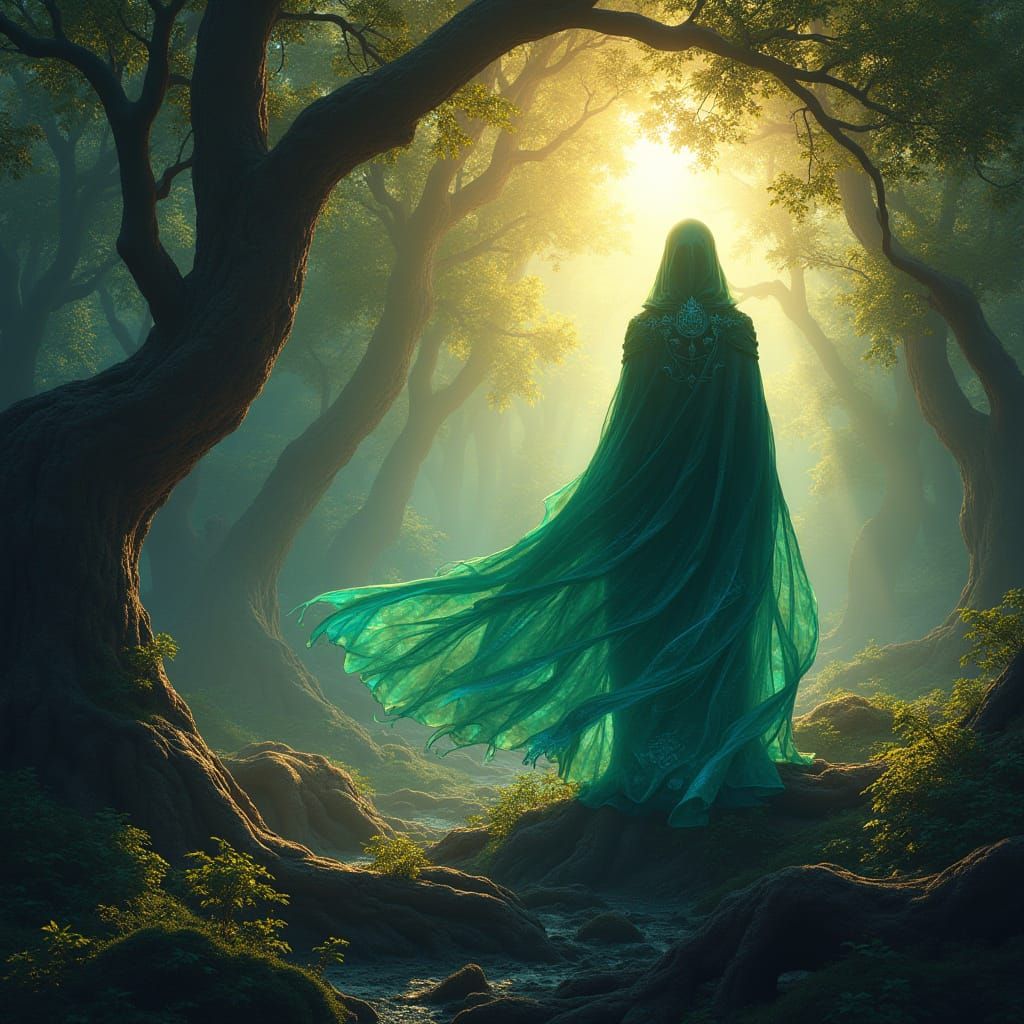 Ancient Mystic Stands Tall in Whimsical Forest Landscape