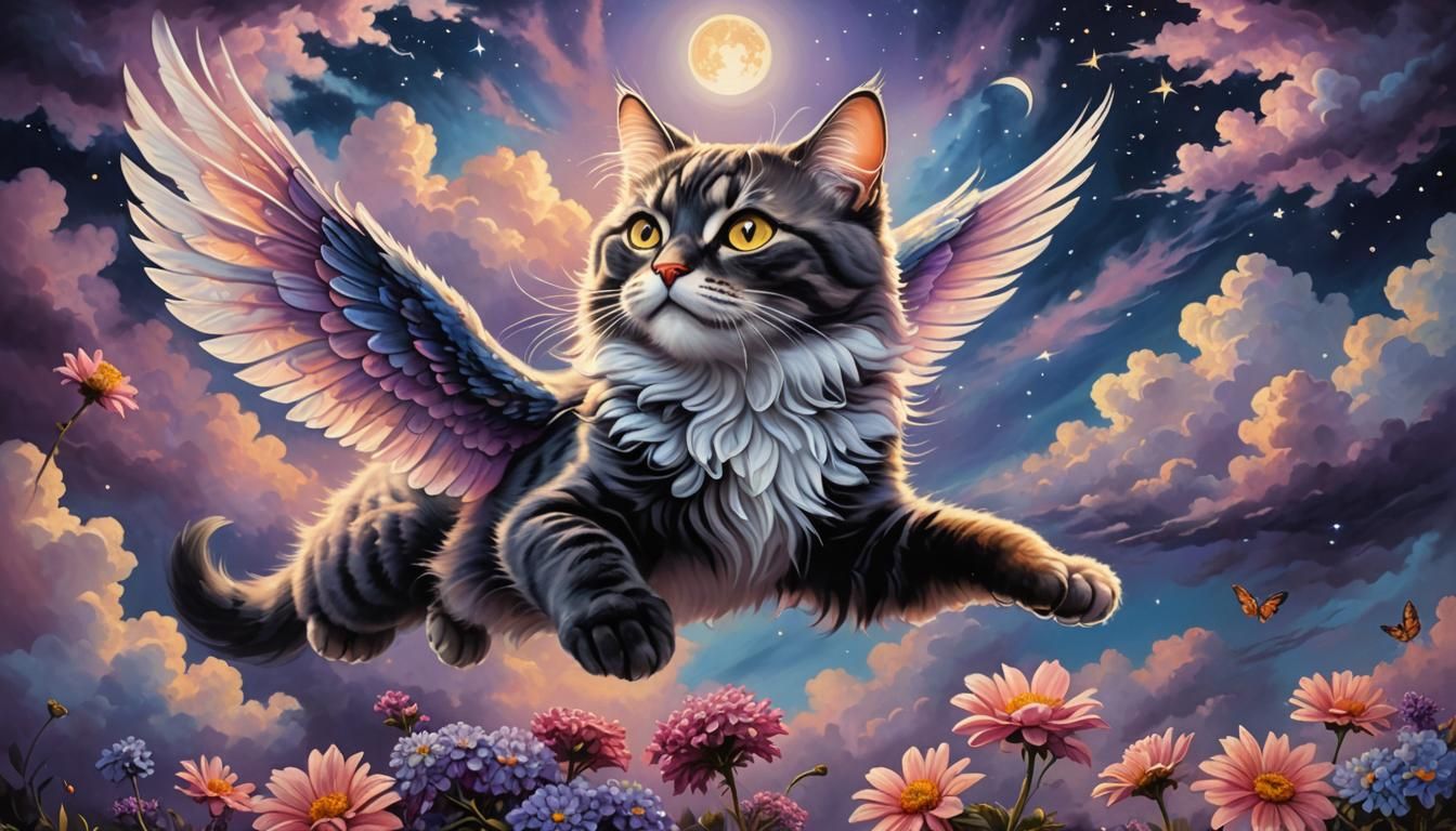 a painting of a flying cat with wings in the clouds, airbrus...